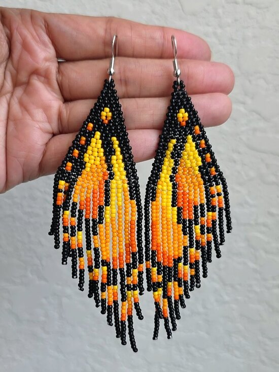 Boheme Jewelry - Handmade Monarch Butterfly Boho Fringe Beaded Earrings - Orange